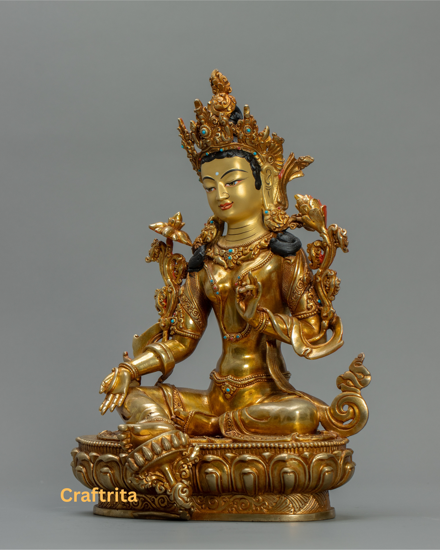 Green Tara Statue 4kg – Handmade in Nepal | Copper Body with 24K Gold Plating & Fire Gilding | Tibetan Buddhist Art & Spiritual Home Decor