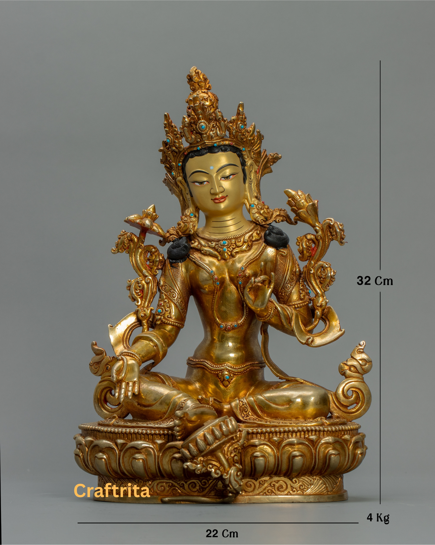 Green Tara Statue 4kg – Handmade in Nepal | Copper Body with 24K Gold Plating & Fire Gilding | Tibetan Buddhist Art & Spiritual Home Decor