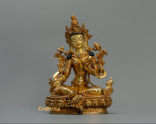 Green Tara Statue 4kg – Handmade in Nepal | Copper Body with 24K Gold Plating & Fire Gilding | Tibetan Buddhist Art & Spiritual Home Decor