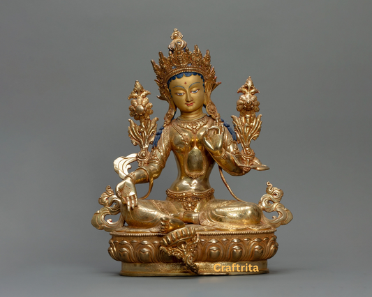 Green Tara Statue 5.4kg – Handcrafted Copper | 24K Gold-Plated Fire-Gilded | Premium Buddhist Art from Nepal