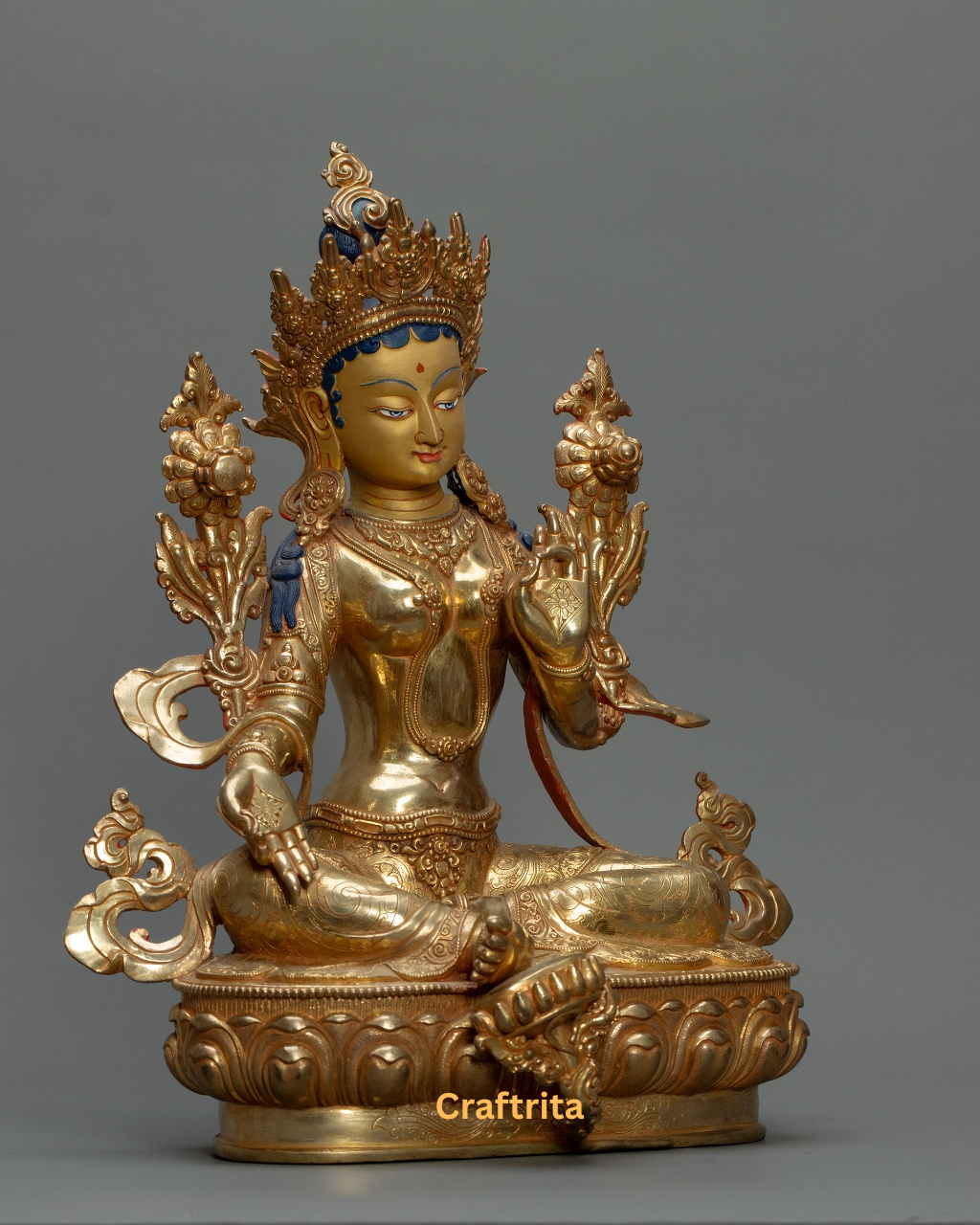 Green Tara Statue 5.4kg – Handcrafted Copper | 24K Gold-Plated Fire-Gilded | Premium Buddhist Art from Nepal