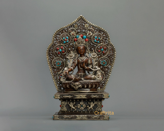Green Tara Statue on Throne  – Handmade Nepalese Tibetan Buddhist Goddess of Compassion | Spiritual Home & Altar Decor