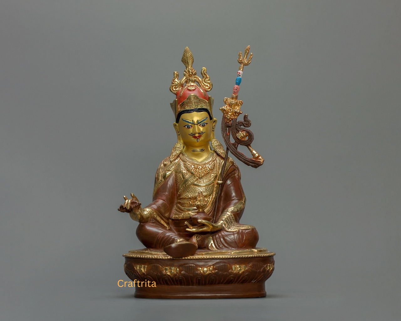 Handcrafted Guru Rinpoche Statue – Copper Body with 24K Fire-Gilding & Hand-Painting | Nepalese Tibetan Buddhist Master