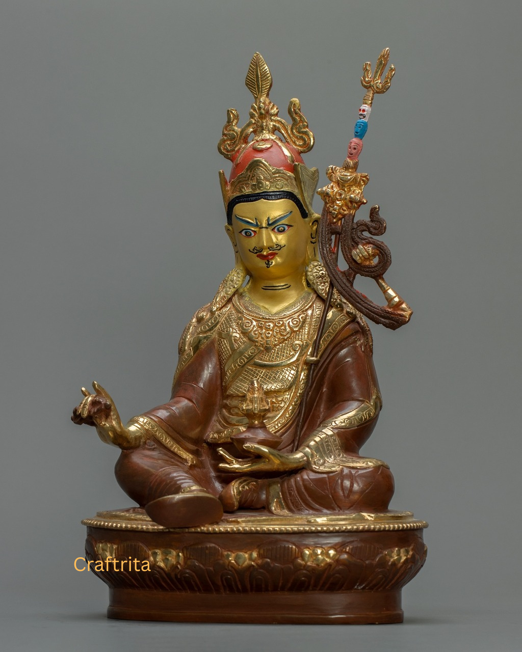 Handcrafted Guru Rinpoche Statue – Copper Body with 24K Fire-Gilding & Hand-Painting | Nepalese Tibetan Buddhist Master