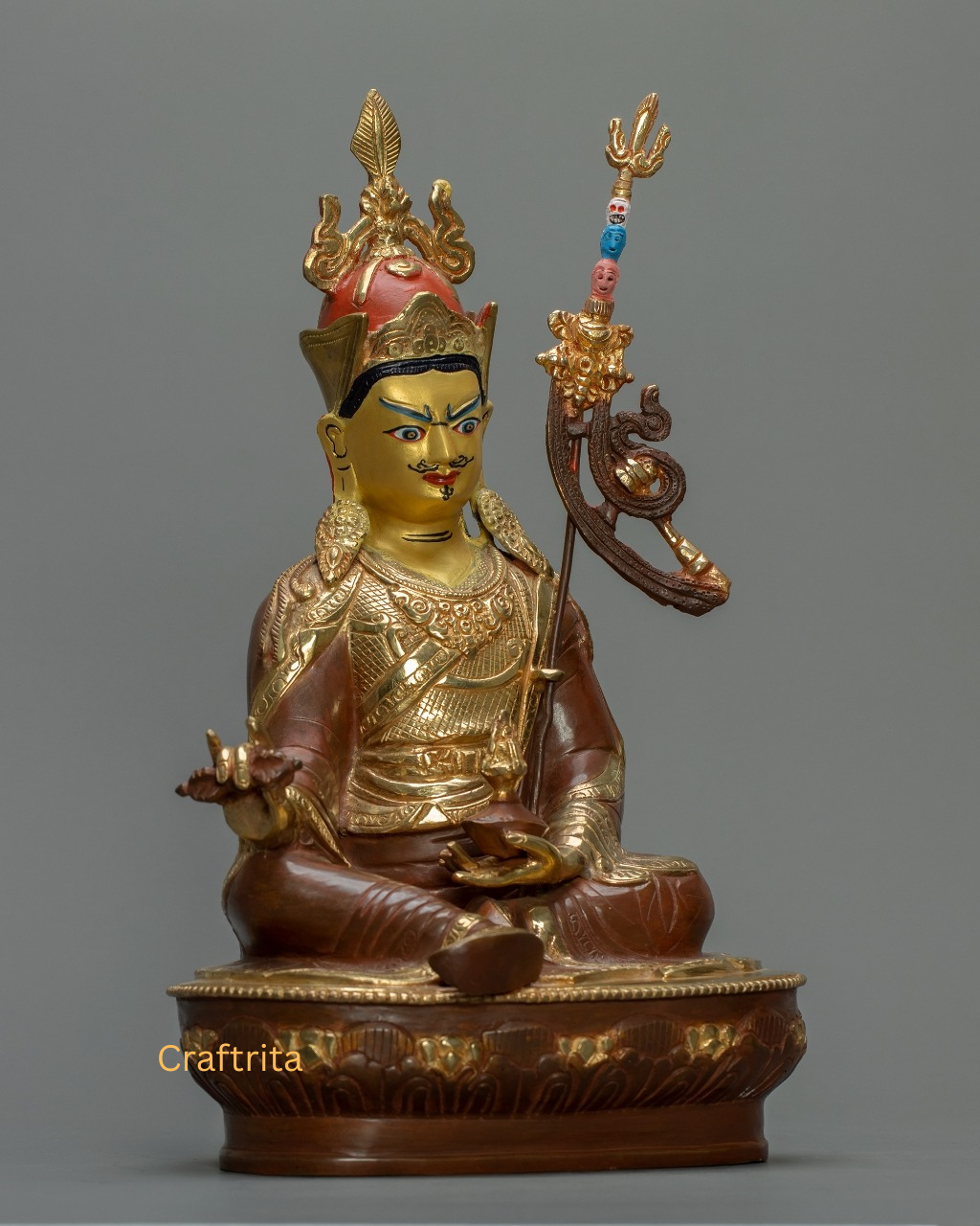 Handcrafted Guru Rinpoche Statue – Copper Body with 24K Fire-Gilding & Hand-Painting | Nepalese Tibetan Buddhist Master