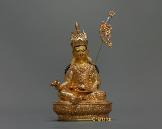 Guru Rinpoche Statue – Handmade Tibetan Buddhist Master | Copper Body with 24K Gold Plated Fire Gilding | Spiritual Home Decor