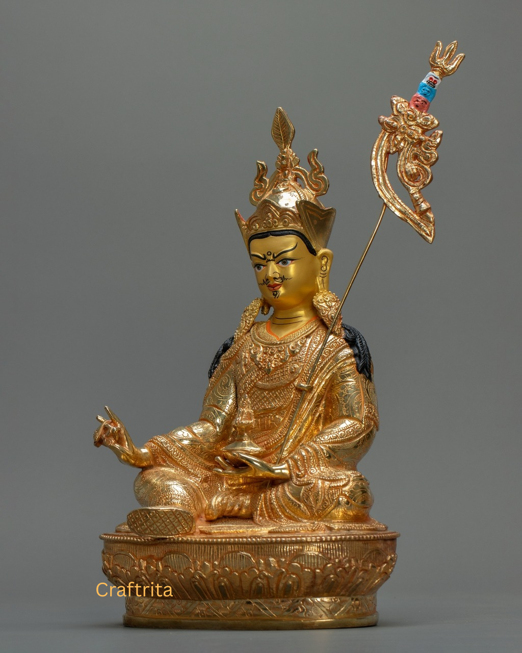 Guru Rinpoche Statue – Handmade Tibetan Buddhist Master | Copper Body with 24K Gold Plated Fire Gilding | Spiritual Home Decor