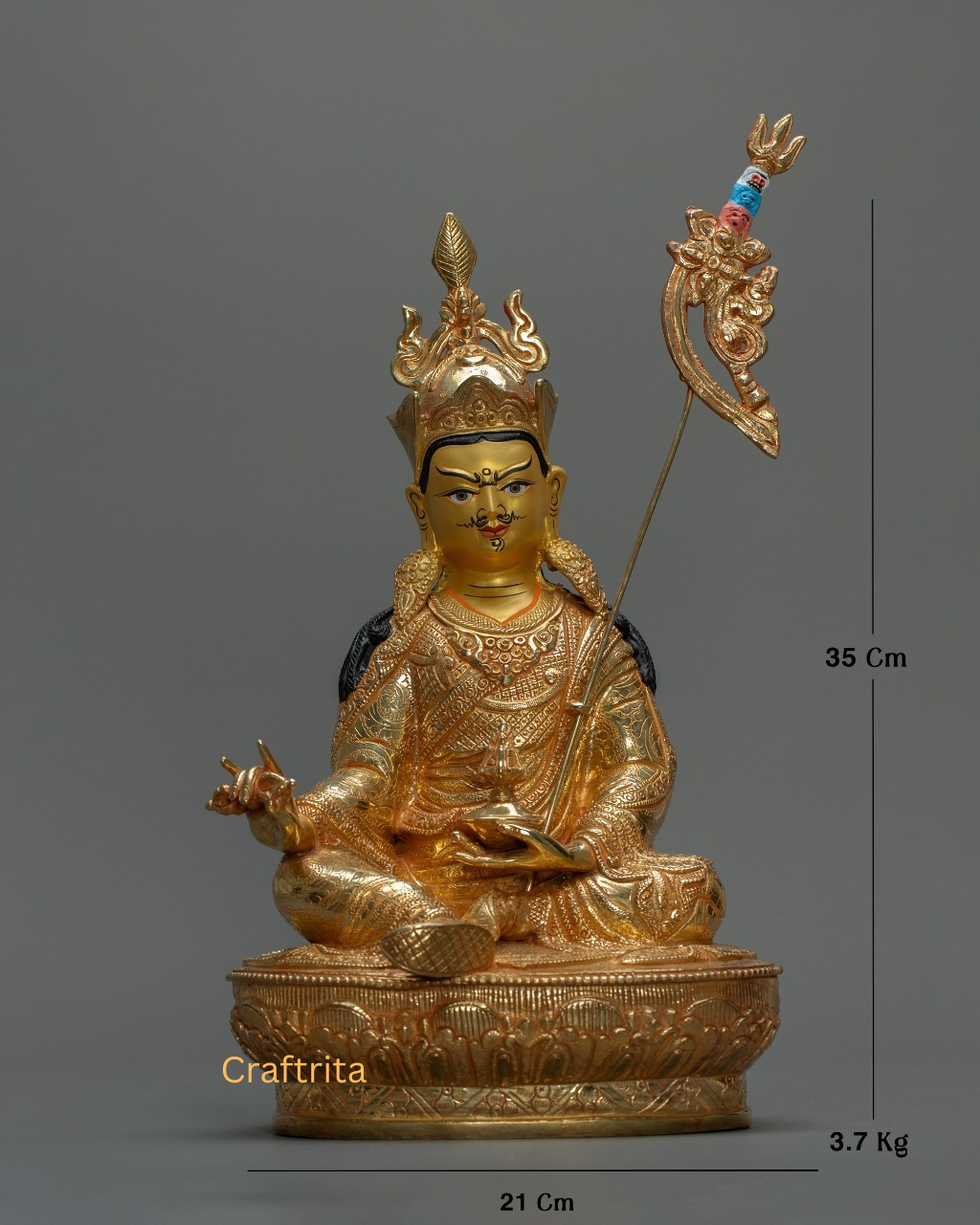 Guru Rinpoche Statue – Handmade Tibetan Buddhist Master | Copper Body with 24K Gold Plated Fire Gilding | Spiritual Home Decor