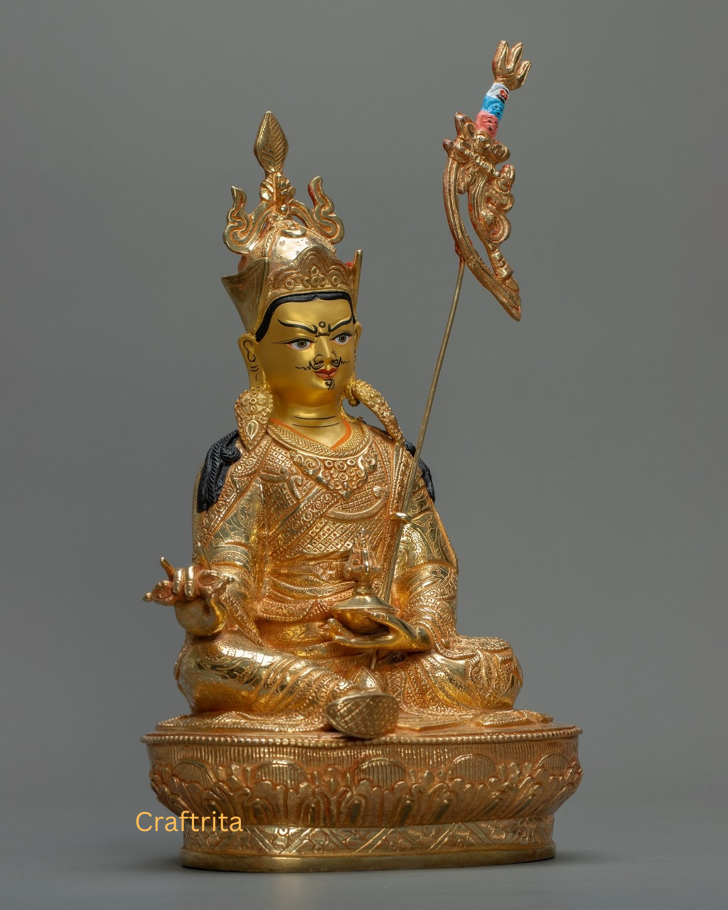 Guru Rinpoche Statue – Handmade Tibetan Buddhist Master | Copper Body with 24K Gold Plated Fire Gilding | Spiritual Home Decor