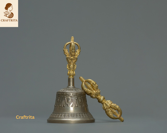 Handmade Tibetan Bell & Dorje Set– Bronze Bell & 24K Gold-Plated Copper Vajra