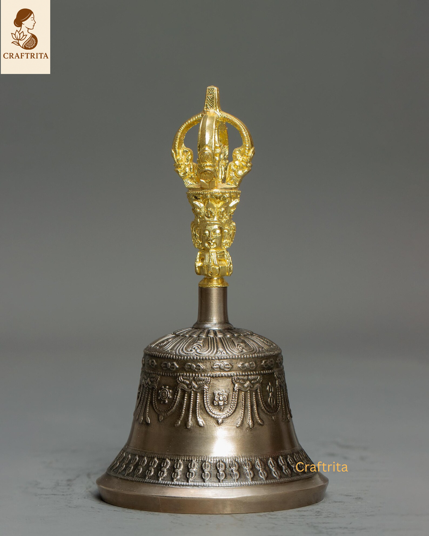 Handmade Tibetan Bell & Dorje Set– Bronze Bell & 24K Gold-Plated Copper Vajra