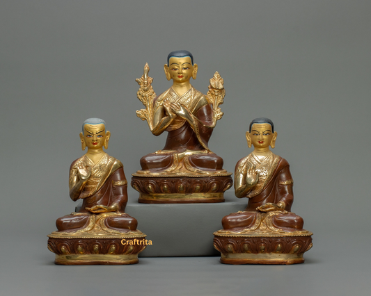 Je Tsongkhapa with Disciples Statue  – Handmade in Nepal | Oxidized Copper with 24K Gold Plating & Fire Gilding | Tibetan Buddhist Art & Spiritual Home Decor