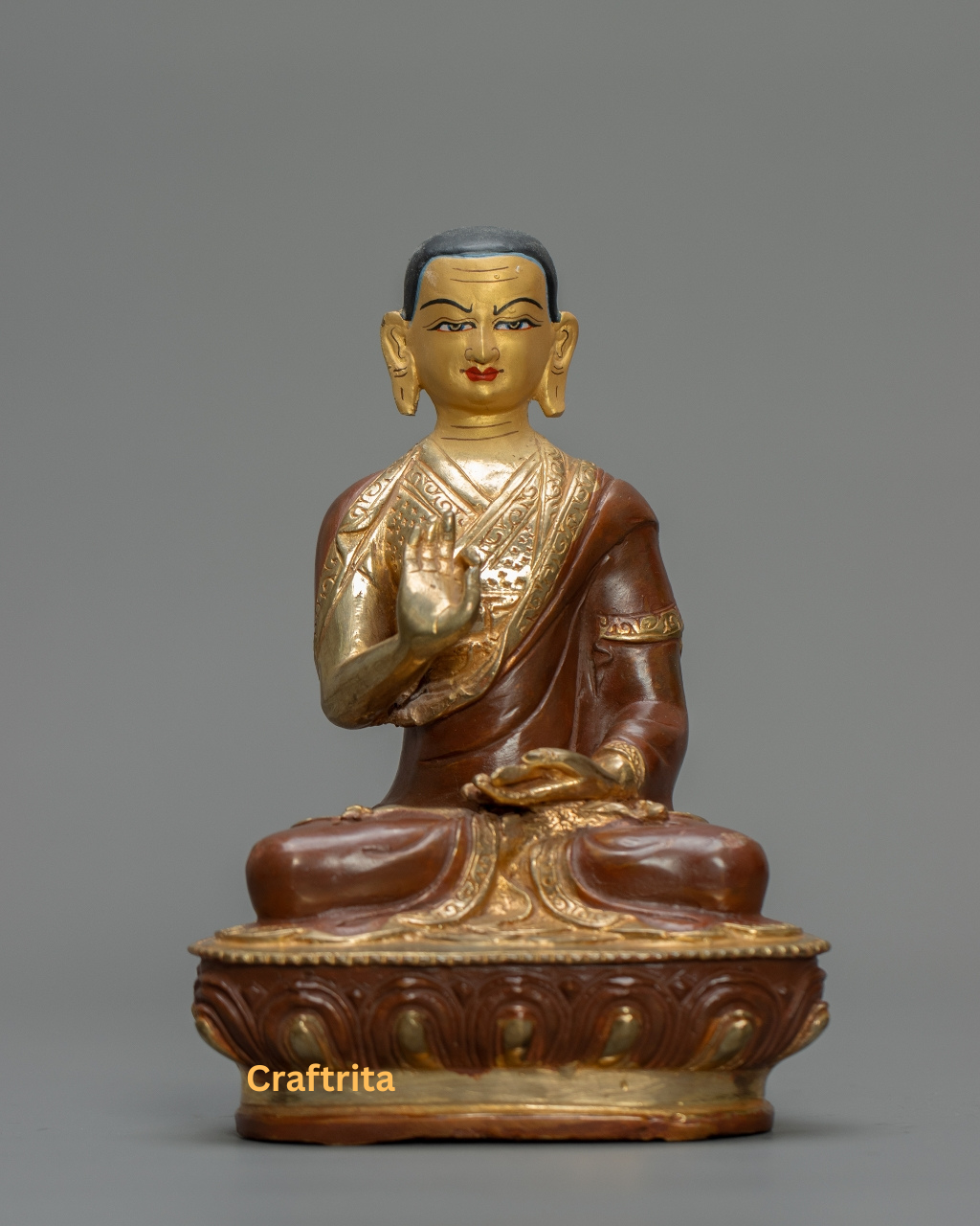 Je Tsongkhapa with Disciples Statue  – Handmade in Nepal | Oxidized Copper with 24K Gold Plating & Fire Gilding | Tibetan Buddhist Art & Spiritual Home Decor