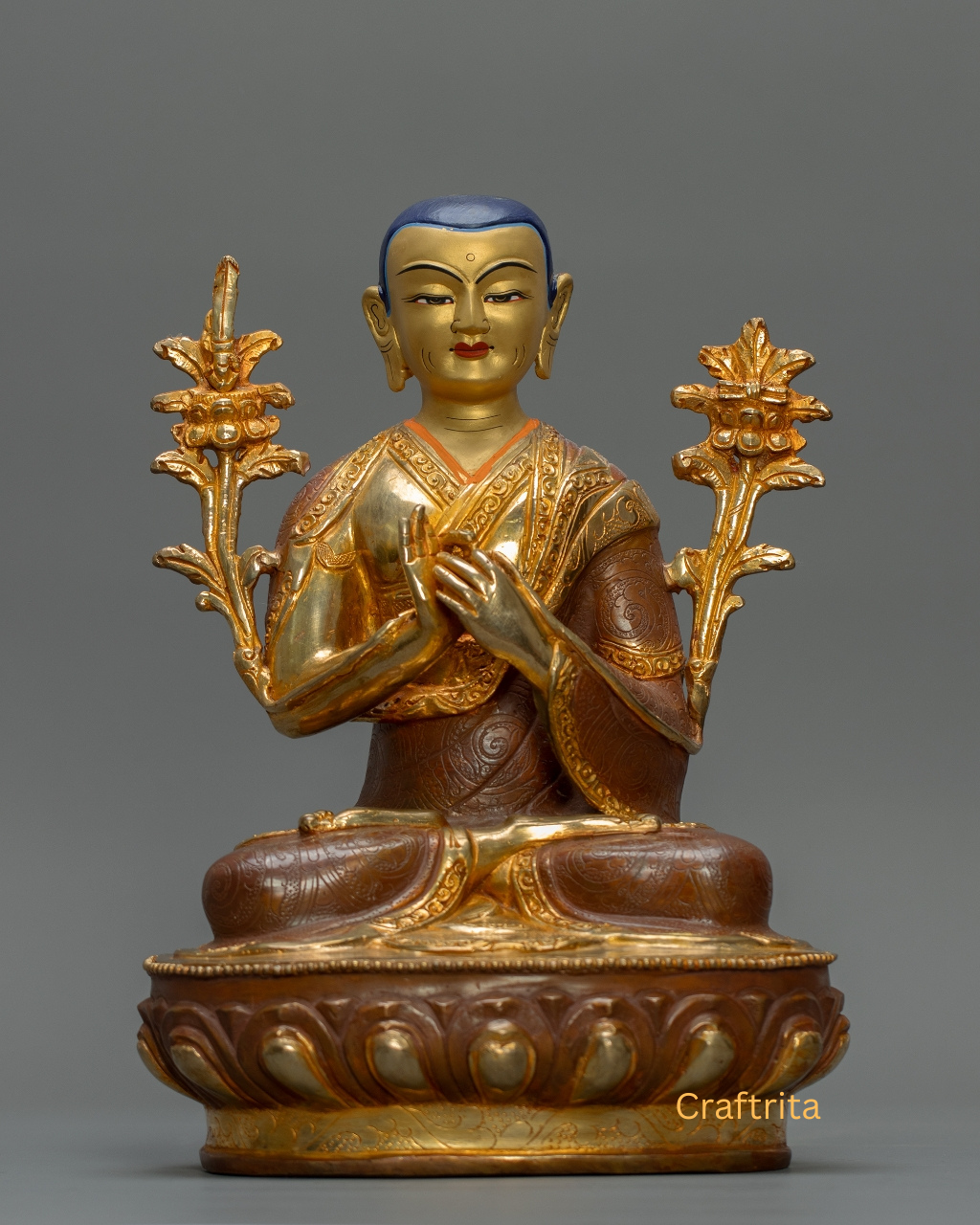 Je Tsongkhapa with Disciples Statue Set – Oxidized Copper with 24K Gold Fire Gilding | Handmade Buddhist Art from Nepal | Spiritual Home Decor