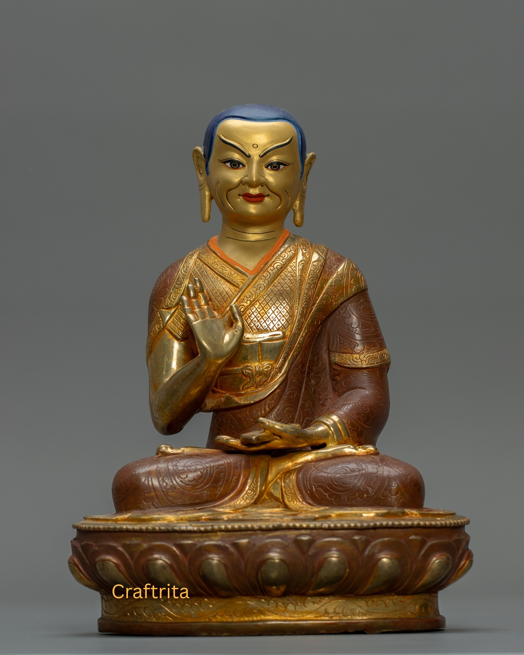 Je Tsongkhapa with Disciples Statue Set – Oxidized Copper with 24K Gold Fire Gilding | Handmade Buddhist Art from Nepal | Spiritual Home Decor