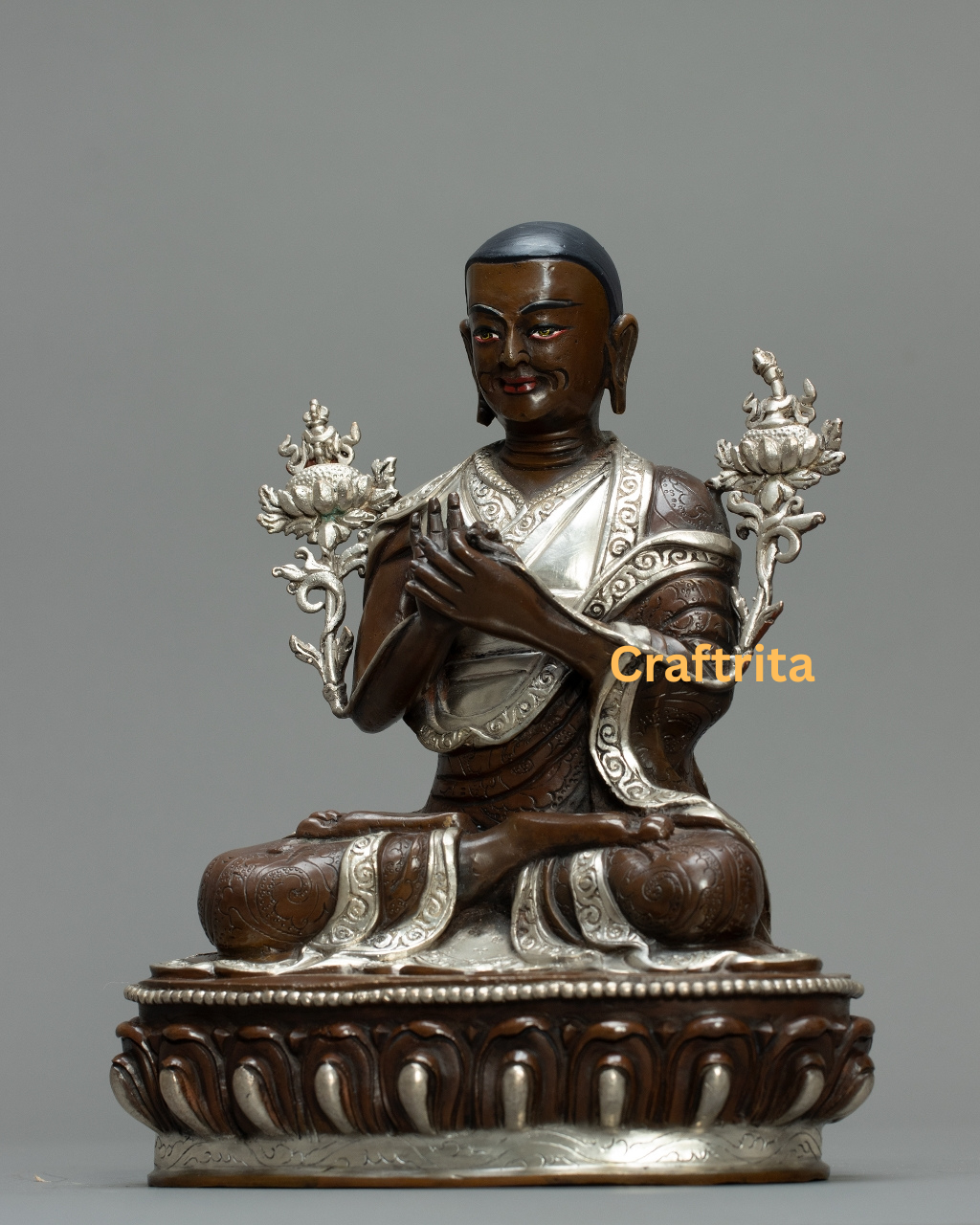 Je Tsongkhapa Statue 1.5kg – Handcrafted Nepali Oxidized & Silver-Finished Buddhist Figure | Tibetan Monk Spiritual Decor for Home or Altar