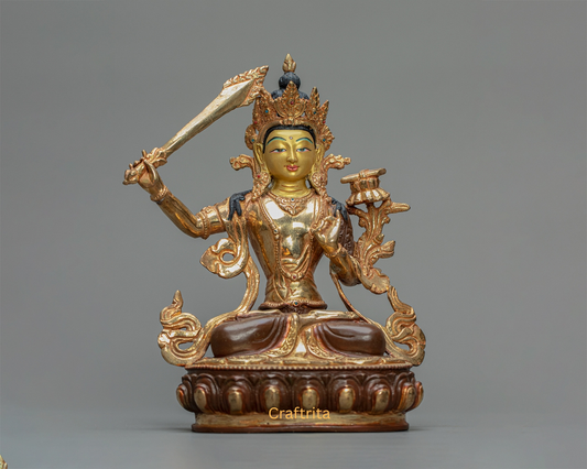 Manjushree Statue 1.4kg – Handmade in Nepal | Copper with 24K Gold Plating, Fire Gilding & Acrylic Painting | Tibetan Buddhist Deity of Wisdom | Spiritual Home Decor