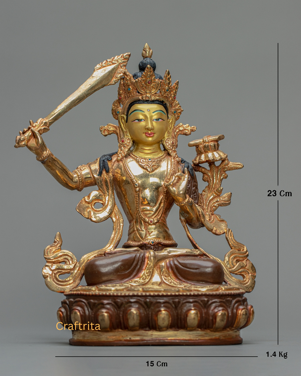 Manjushree Statue 1.4kg – Handmade in Nepal | Copper with 24K Gold Plating, Fire Gilding & Acrylic Painting | Tibetan Buddhist Deity of Wisdom | Spiritual Home Decor