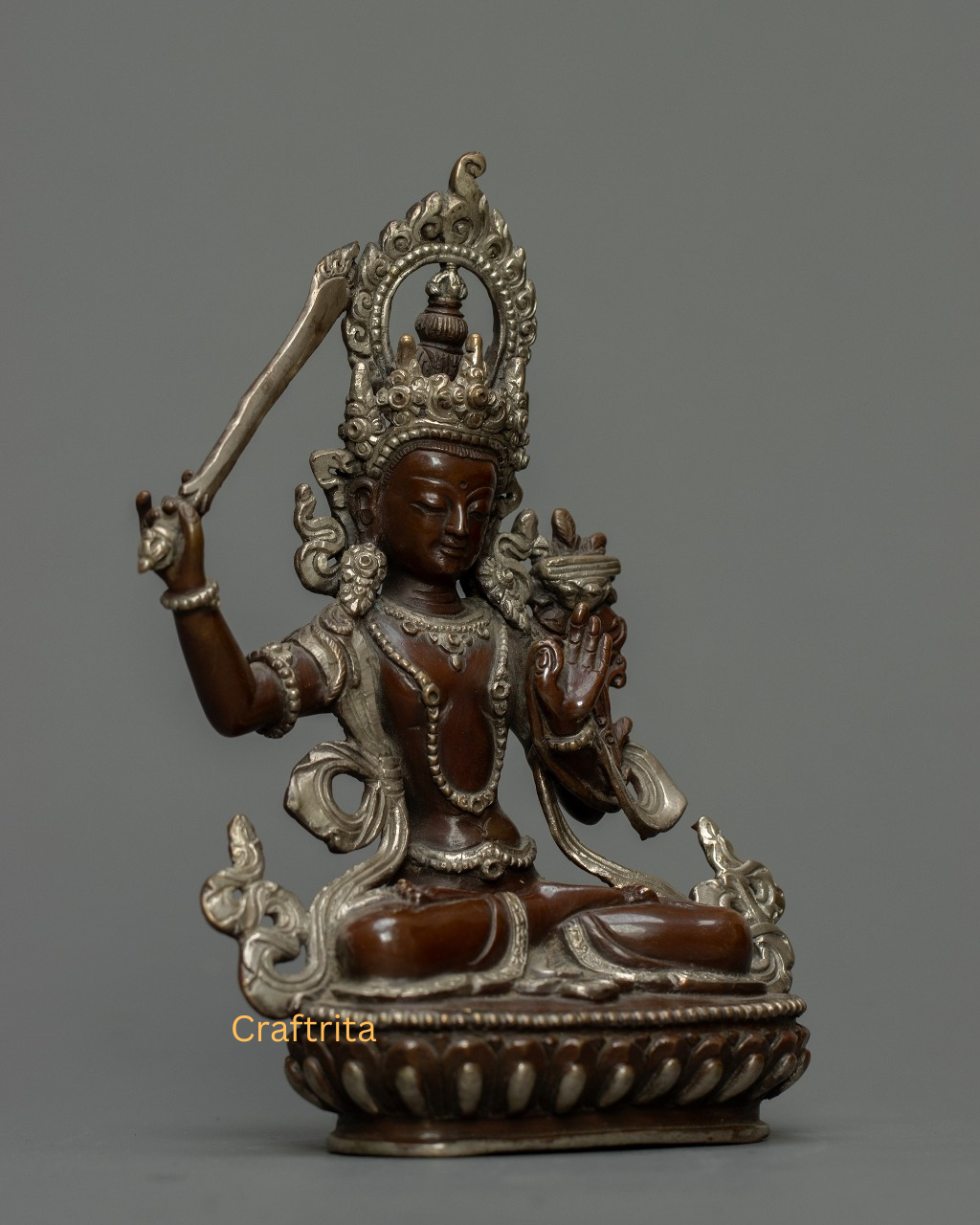 Manjushri Bodhisattva Statue 0.6 kg – Oxidized Copper Body with Silver Plating & Fire Gilding | Handmade Tibetan Deity of Wisdom for Spiritual Home Decor