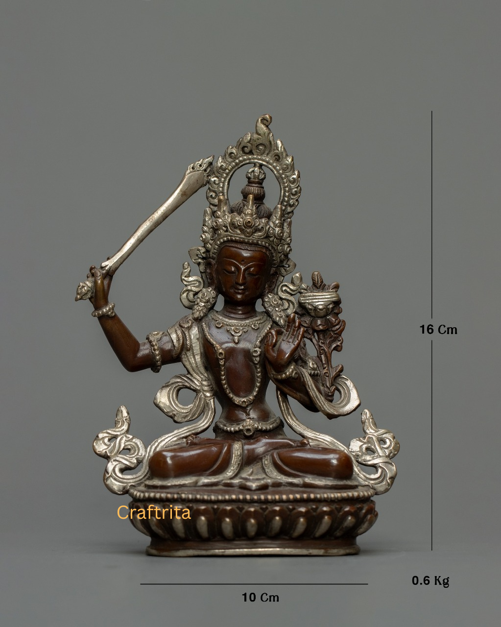 Manjushri Bodhisattva Statue 0.6 kg – Oxidized Copper Body with Silver Plating & Fire Gilding | Handmade Tibetan Deity of Wisdom for Spiritual Home Decor