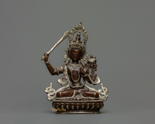 Manjushri Bodhisattva Statue 0.6 kg – Oxidized Copper Body with Silver Plating & Fire Gilding | Handmade Tibetan Deity of Wisdom for Spiritual Home Decor
