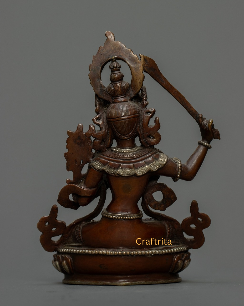 Manjushri Bodhisattva Statue 0.6 kg – Oxidized Copper Body with Silver Plating & Fire Gilding | Handmade Tibetan Deity of Wisdom for Spiritual Home Decor