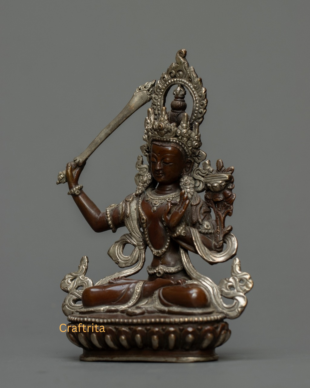 Manjushri Bodhisattva Statue 0.6 kg – Oxidized Copper Body with Silver Plating & Fire Gilding | Handmade Tibetan Deity of Wisdom for Spiritual Home Decor