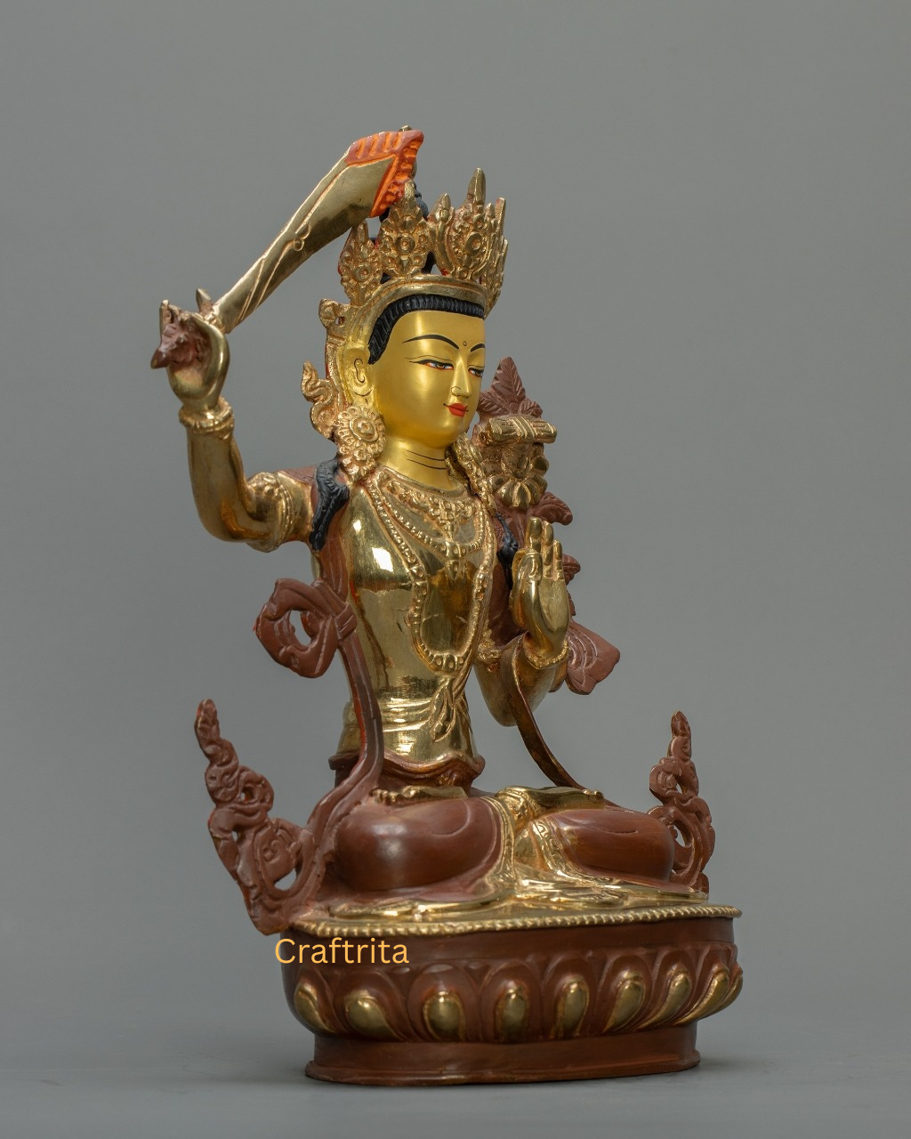 Handmade Tibetan Manjushri Statue – Copper Body, 24K Gold Plating, Fire Gilded | Wisdom Deity for Meditation Space