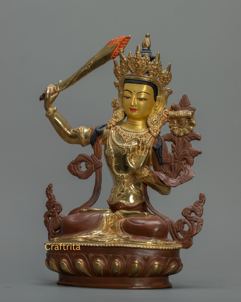 Handmade Tibetan Manjushri Statue – Copper Body, 24K Gold Plating, Fire Gilded | Wisdom Deity for Meditation Space