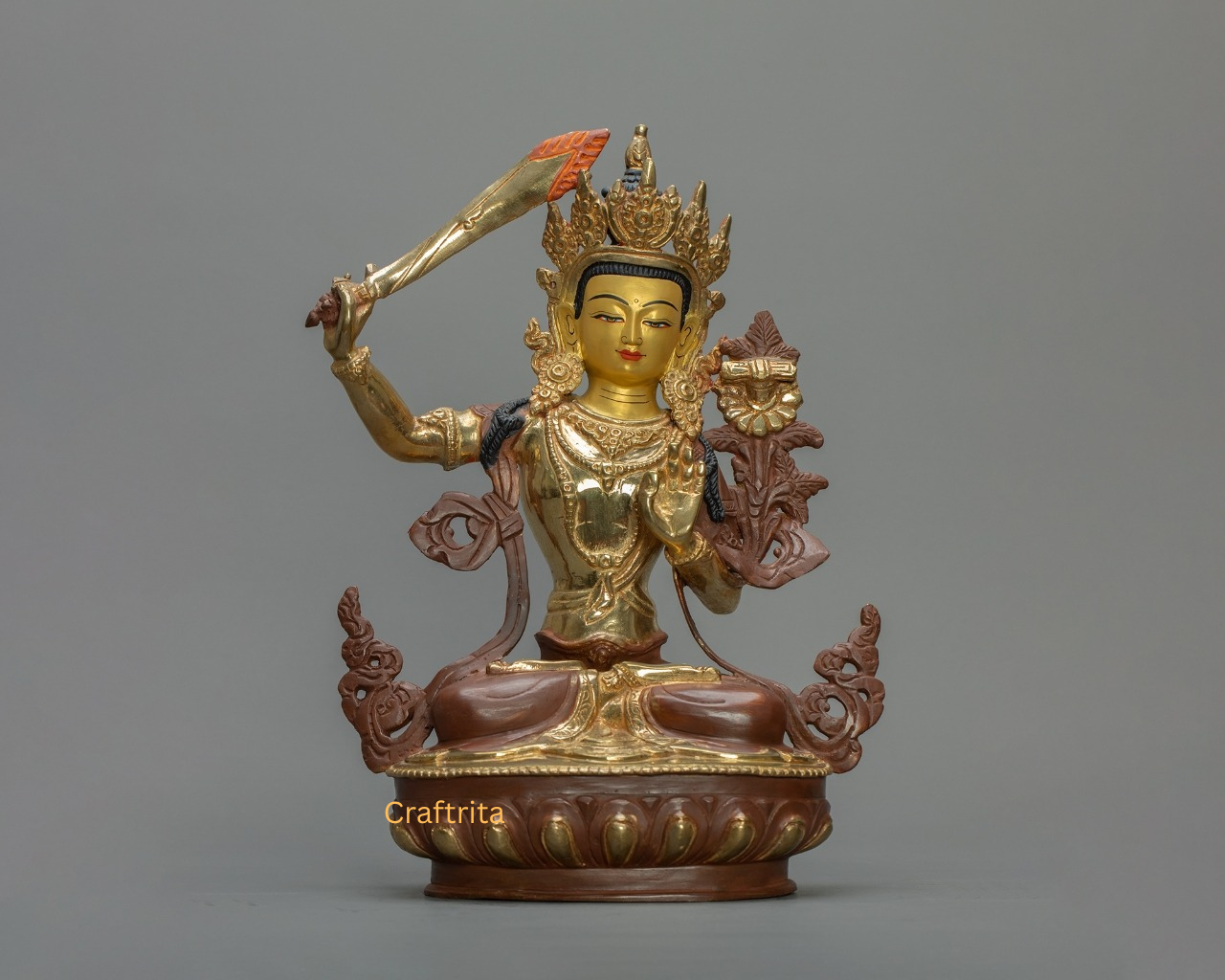 Handmade Tibetan Manjushri Statue – Copper Body, 24K Gold Plating, Fire Gilded | Wisdom Deity for Meditation Space
