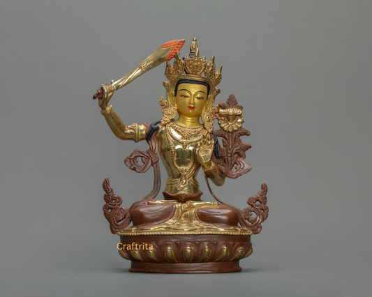 Handmade Tibetan Manjushri Statue – Copper Body, 24K Gold Plating, Fire Gilded | Wisdom Deity for Meditation Space