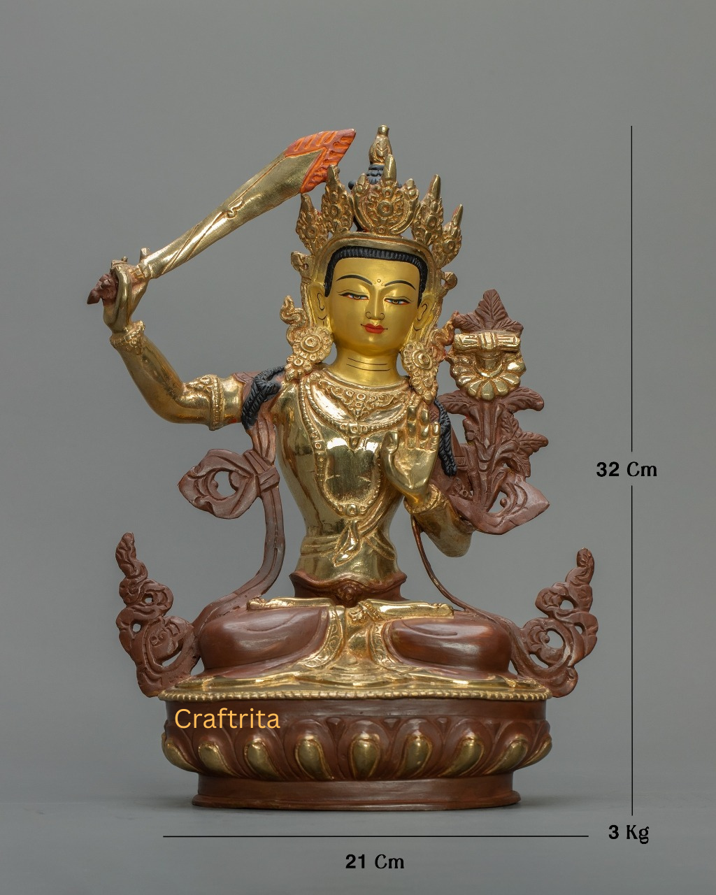 Handmade Tibetan Manjushri Statue – Copper Body, 24K Gold Plating, Fire Gilded | Wisdom Deity for Meditation Space