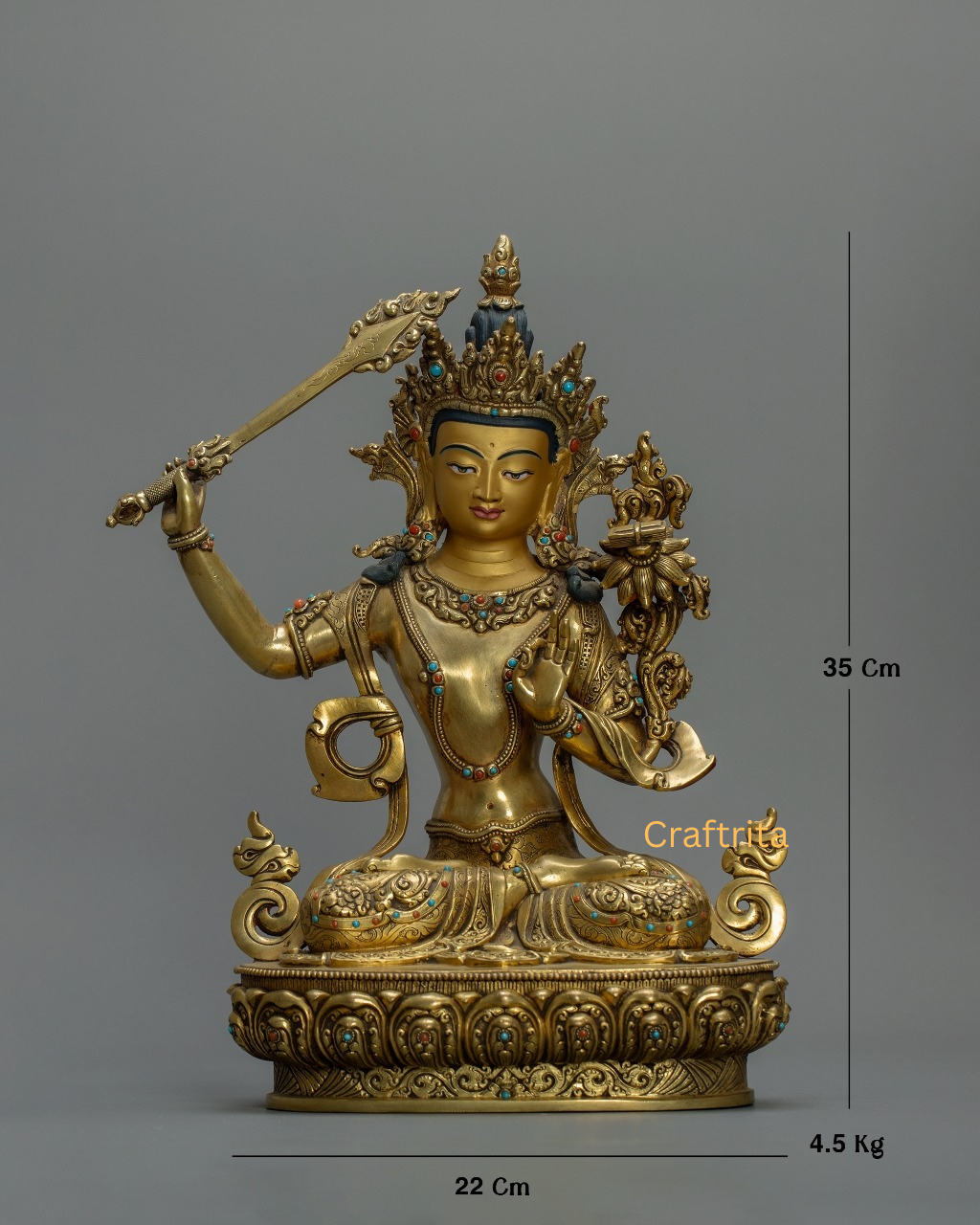 Manjushri Buddha Statue 4.5 kg – Copper Body with 24K Gold Plated Fire Gilding | Handmade Tibetan Buddhist Deity of Wisdom for Spiritual Home Decor