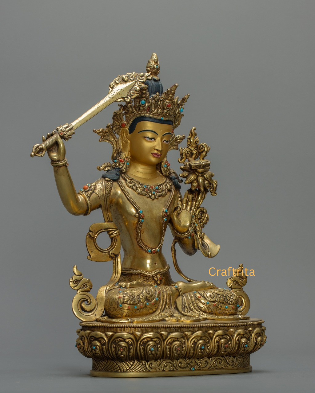 Manjushri Buddha Statue 4.5 kg – Copper Body with 24K Gold Plated Fire Gilding | Handmade Tibetan Buddhist Deity of Wisdom for Spiritual Home Decor