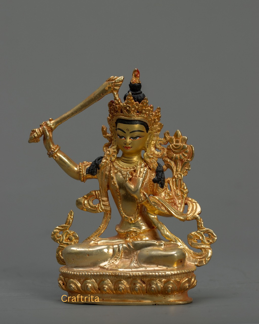 Manjushri Statue 0.3kg – Copper Body with 24K Gold Plating by Fire Gilding | Handmade Tibetan Buddhist Deity of Wisdom for Spiritual Home Decor