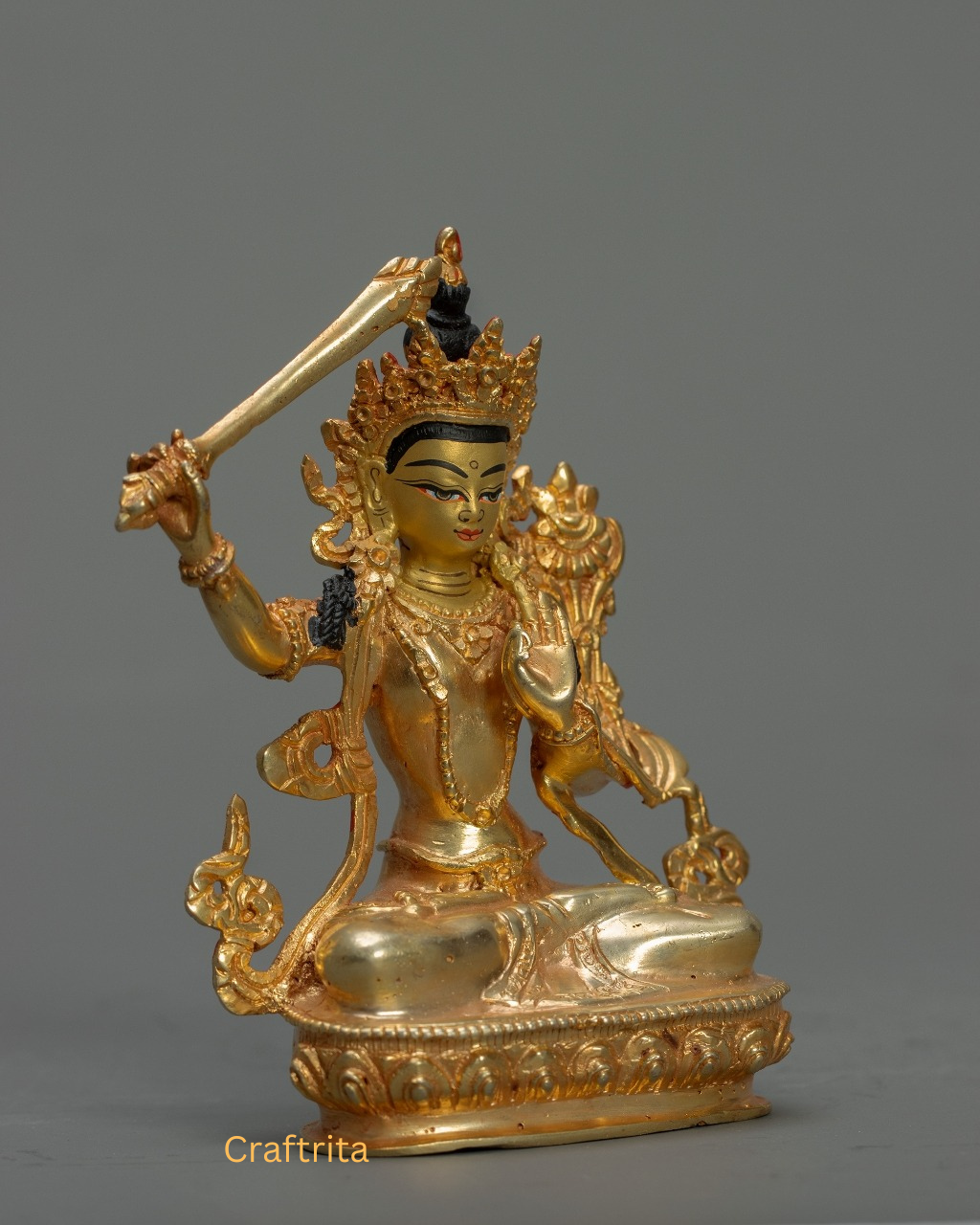 Manjushri Statue 0.3kg – Copper Body with 24K Gold Plating by Fire Gilding | Handmade Tibetan Buddhist Deity of Wisdom for Spiritual Home Decor