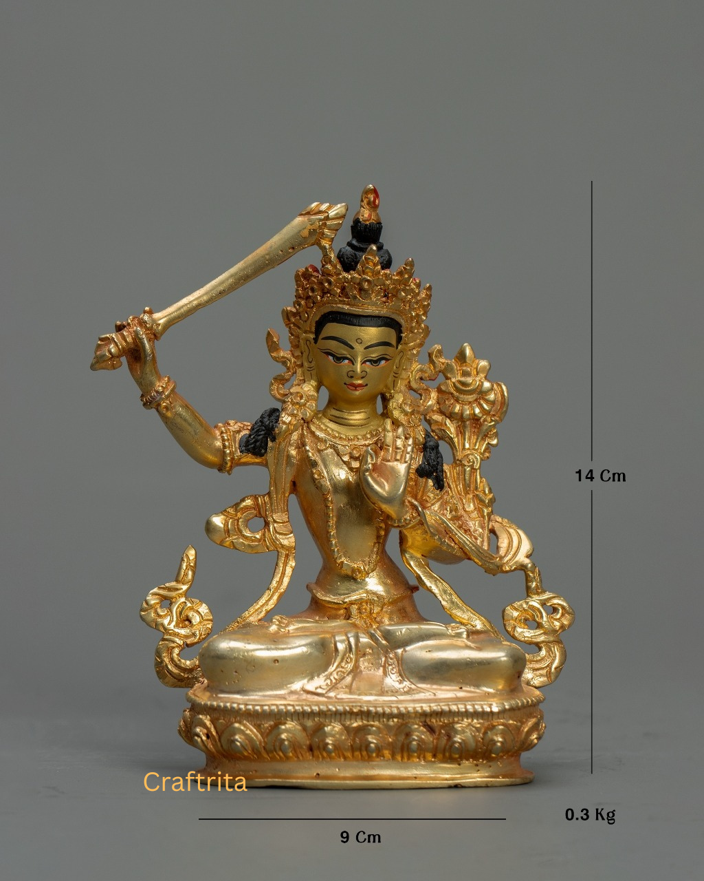 Manjushri Statue 0.3kg – Copper Body with 24K Gold Plating by Fire Gilding | Handmade Tibetan Buddhist Deity of Wisdom for Spiritual Home Decor