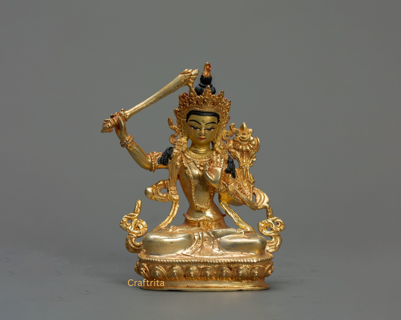Manjushri Statue 0.3kg – Copper Body with 24K Gold Plating by Fire Gilding | Handmade Tibetan Buddhist Deity of Wisdom for Spiritual Home Decor