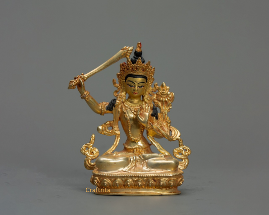 Manjushri Bodhisattva – Handmade Copper Statue with 24K Gold Plating | Tibetan Deity of Wisdom for Home & Altar