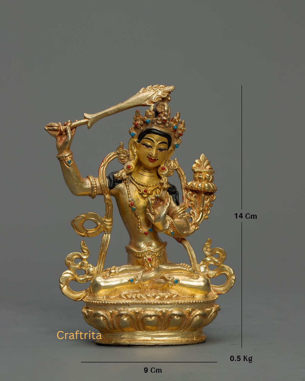 Manjushri Statue 0.5kg – Copper Body with 24K Gold Plating by Fire Gilding | Handmade Tibetan Buddhist Deity for Spiritual Home Decor