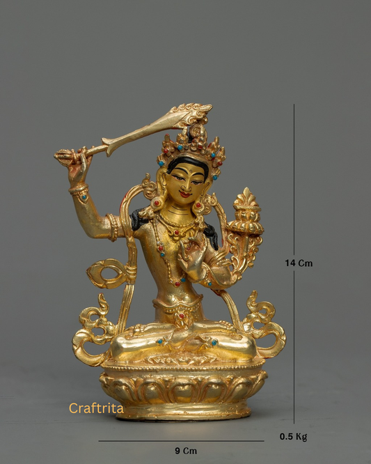 Manjushri Statue 0.5kg – Copper Body with 24K Gold Plating by Fire Gilding | Handmade Tibetan Buddhist Deity for Spiritual Home Decor