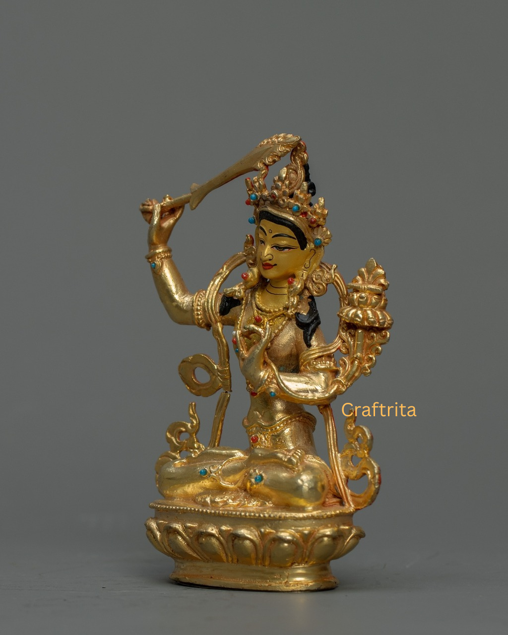 Manjushri Statue 0.5kg – Copper Body with 24K Gold Plating by Fire Gilding | Handmade Tibetan Buddhist Deity for Spiritual Home Decor