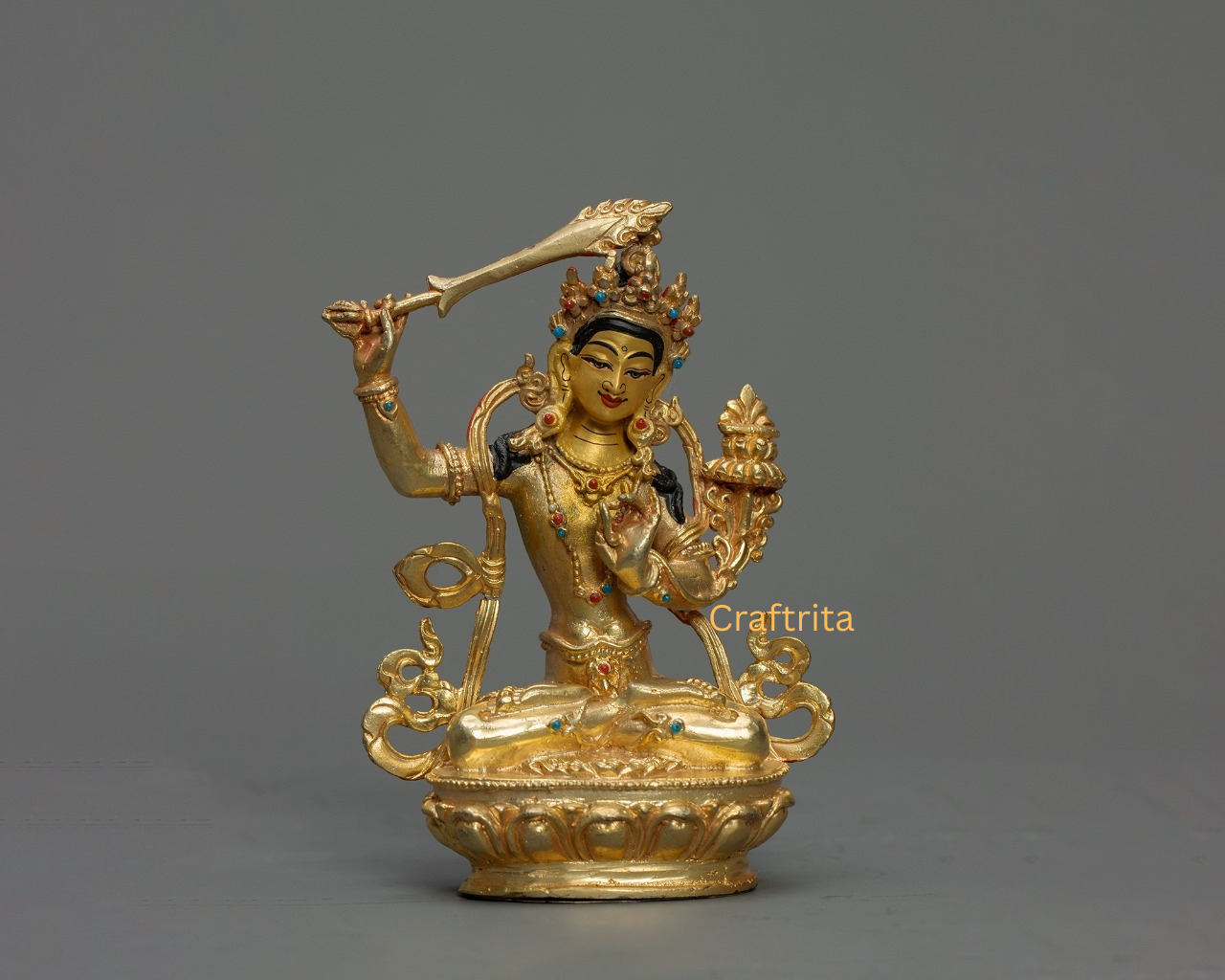 Manjushri Statue 0.5kg – Copper Body with 24K Gold Plating by Fire Gilding | Handmade Tibetan Buddhist Deity for Spiritual Home Decor