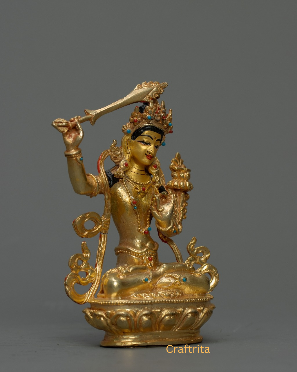 Manjushri Statue 0.5kg – Copper Body with 24K Gold Plating by Fire Gilding | Handmade Tibetan Buddhist Deity for Spiritual Home Decor