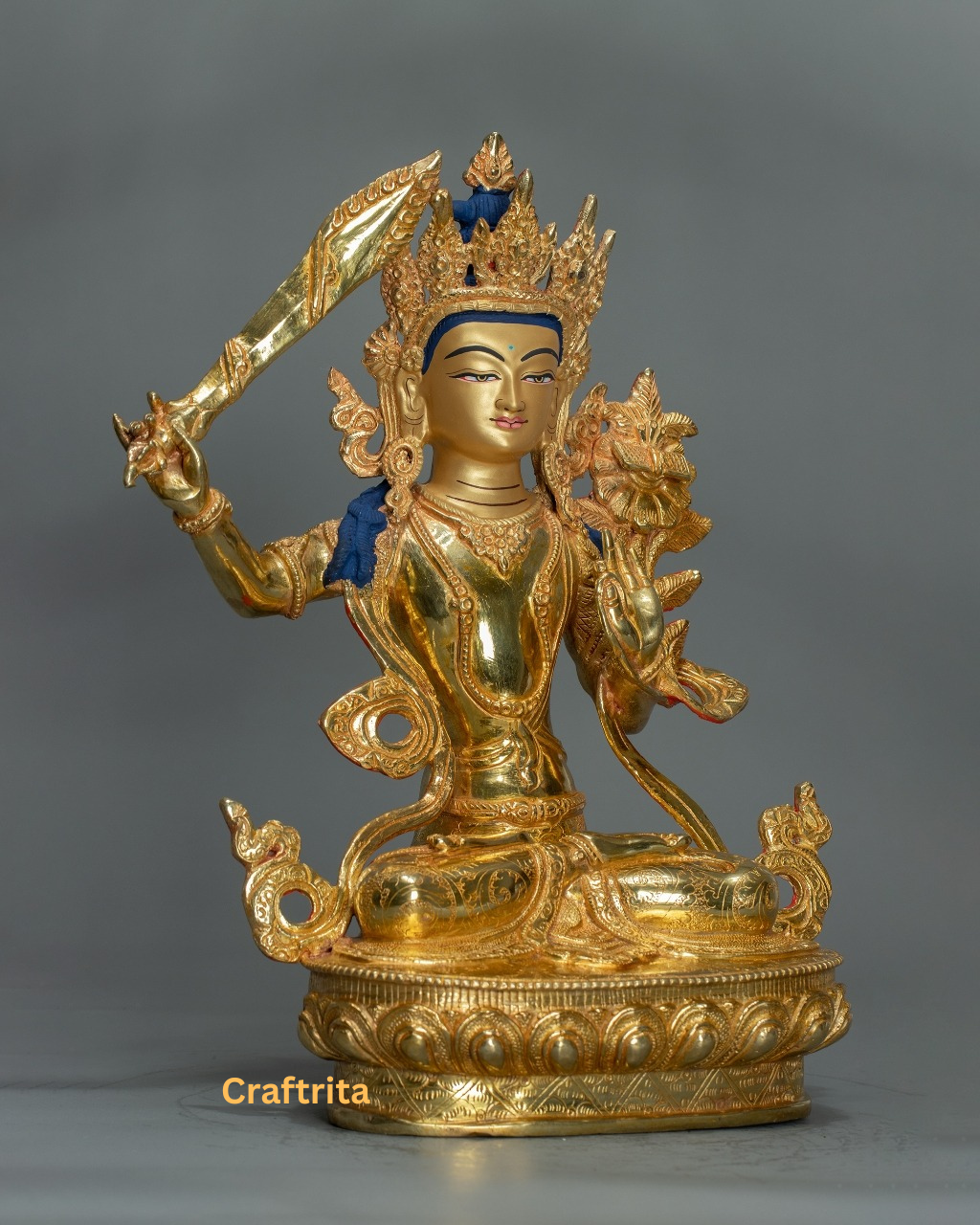 Premium Handcrafted Manjushri Buddha – Copper with 24K Gold Fire Gilding | Tibetan Bodhisattva of Enlightened Wisdom