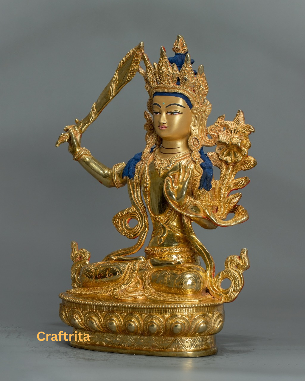 Premium Handcrafted Manjushri Buddha – Copper with 24K Gold Fire Gilding | Tibetan Bodhisattva of Enlightened Wisdom