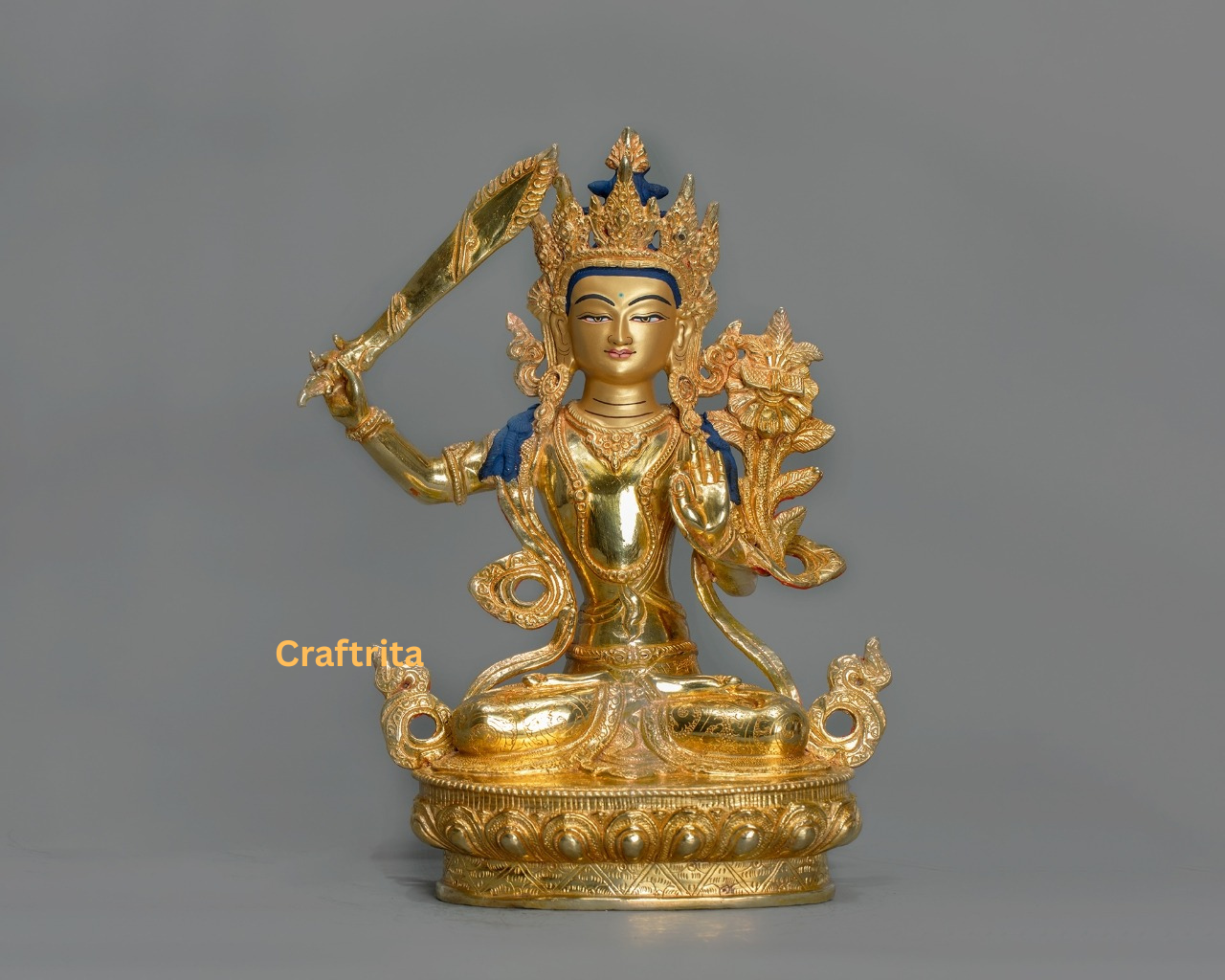 Premium Handcrafted Manjushri Buddha – Copper with 24K Gold Fire Gilding | Tibetan Bodhisattva of Enlightened Wisdom