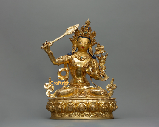 Manjushri Statue 7kg – Handcrafted in Nepal | Copper Body with 24K Gold Plating | Fire-Coated Premium Buddhist Deity Art