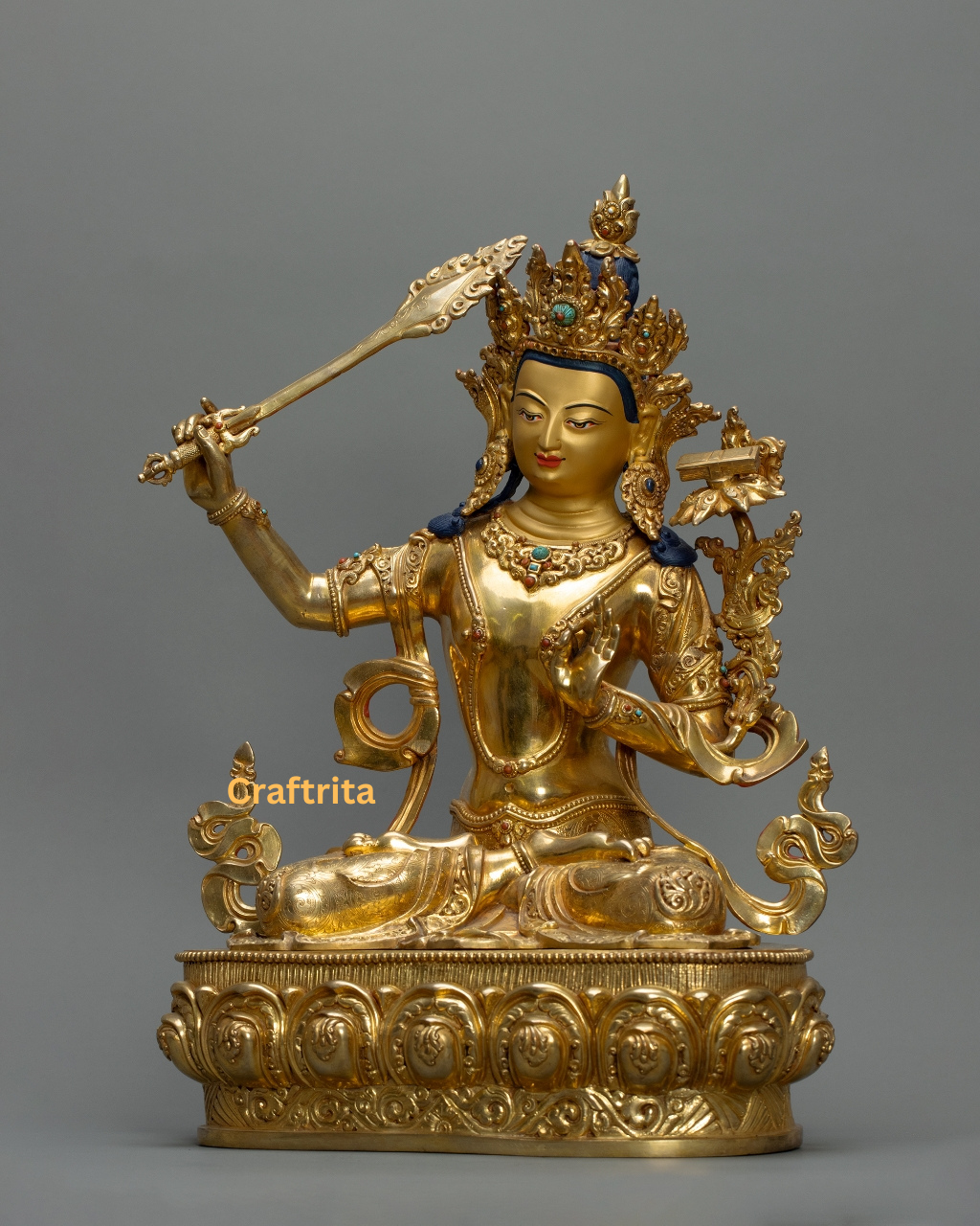 Manjushri Statue 7kg – Handcrafted in Nepal | Copper Body with 24K Gold Plating | Fire-Coated Premium Buddhist Deity Art
