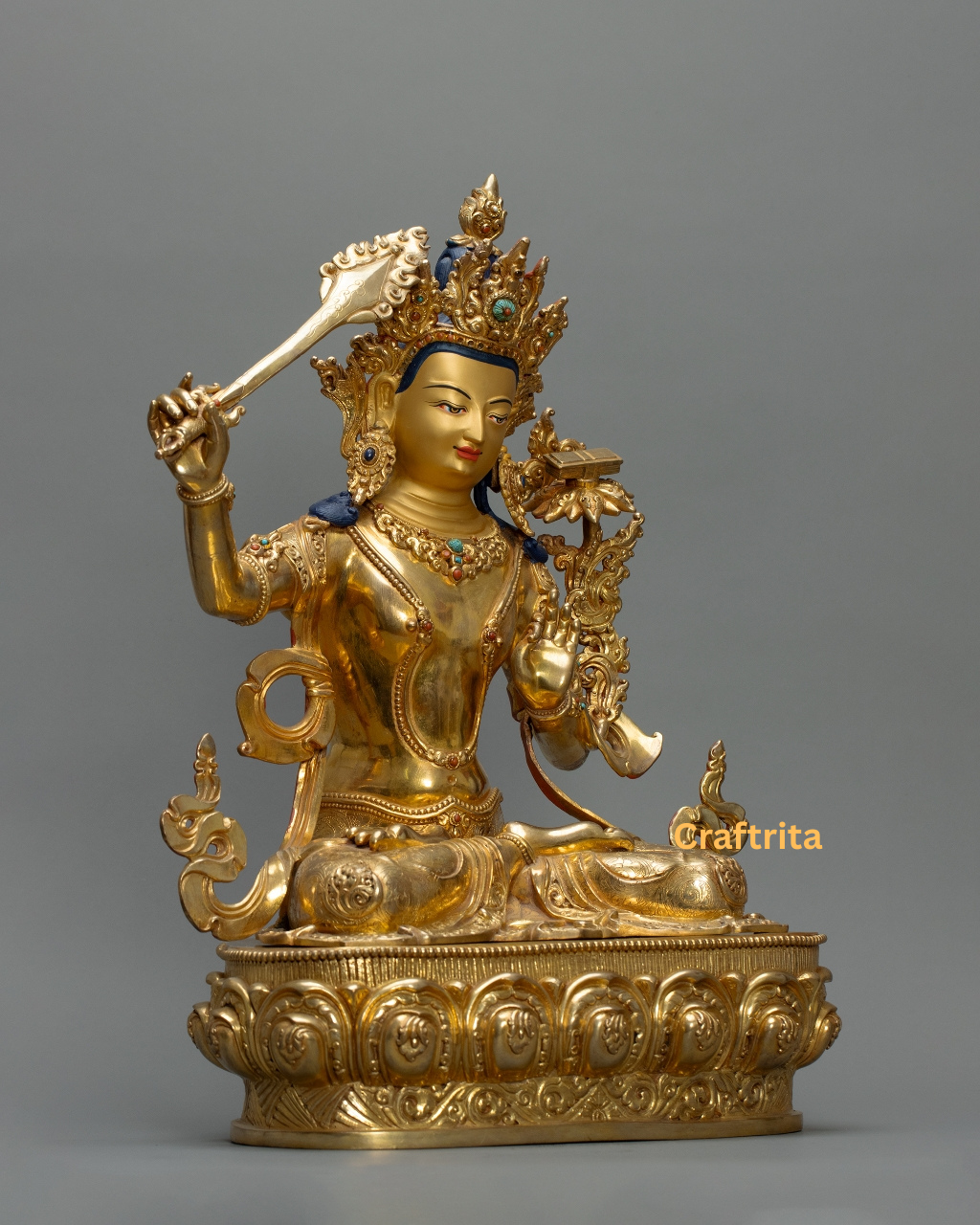 Manjushri Statue 7kg – Handcrafted in Nepal | Copper Body with 24K Gold Plating | Fire-Coated Premium Buddhist Deity Art